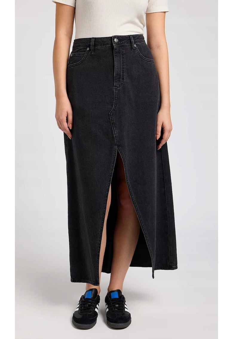 Fusta Maxi - lunga - neagra - din denim - cu slit in fata -