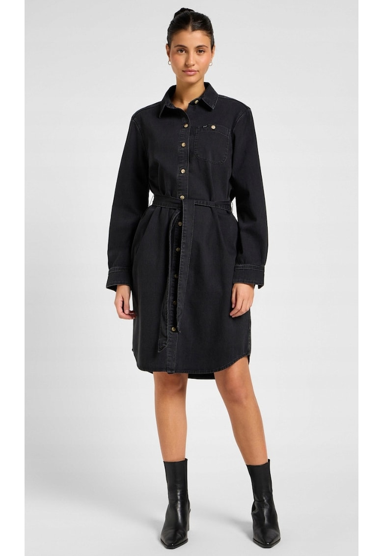 Rochie camasa All Purpose - negru-gri - denim - croiala evazata - cu curea