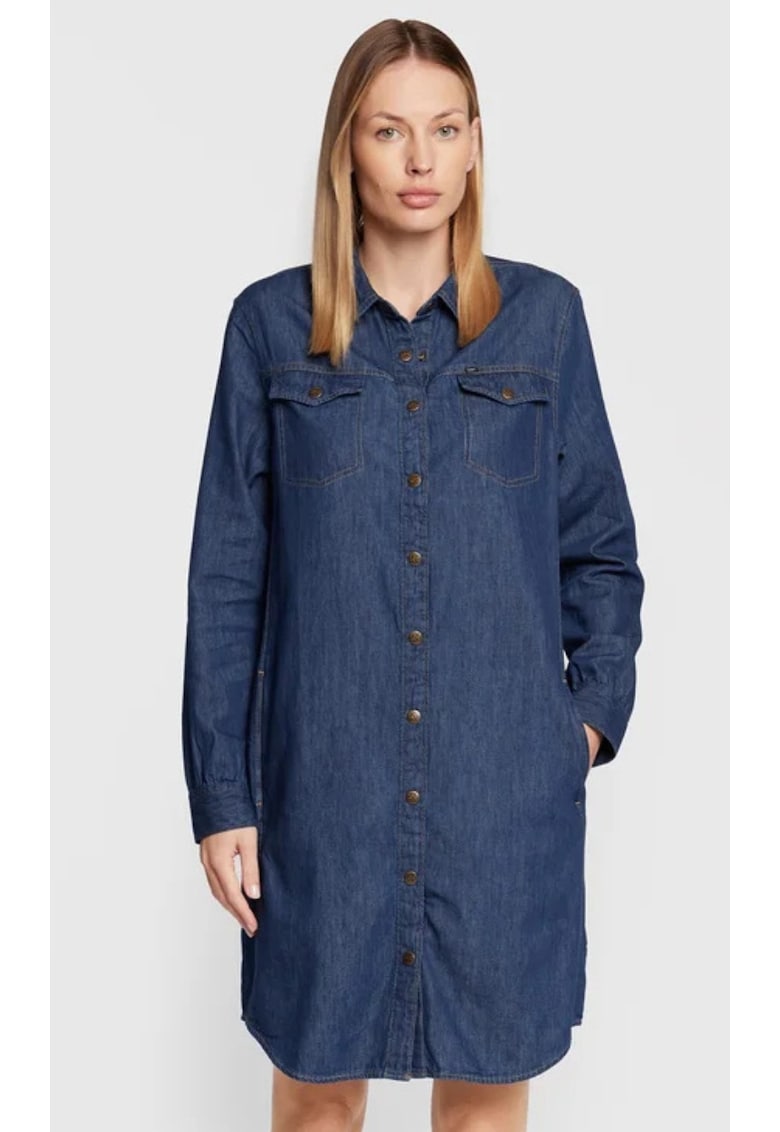 Rochie camasa denim - albastru - bumbac - fermoar