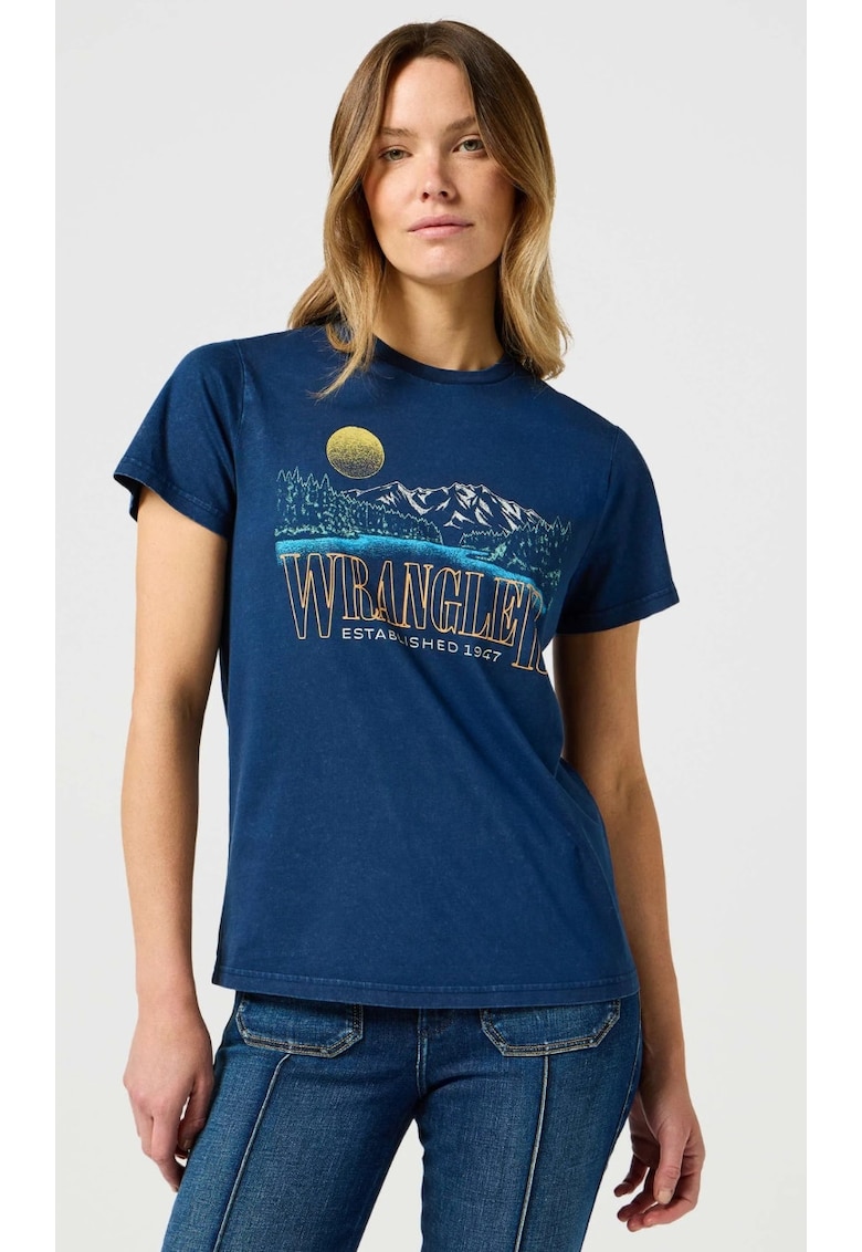 Tricou dama - grafic - bumbac - albastru - maneca scurta -