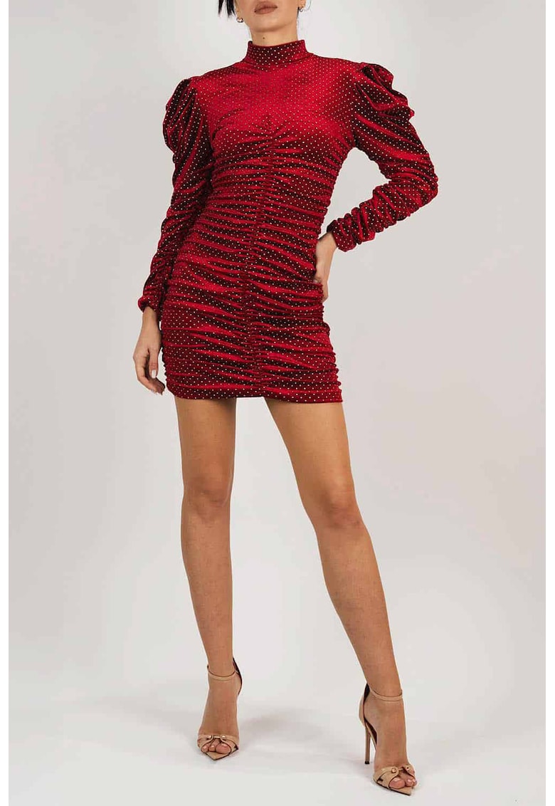 Rochie mini din catifea cu maneci bufante - Rosu inchis