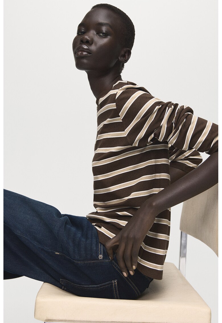 Bluza cu dungi si decolteu rotund - Alb/Alb fildes/Maro