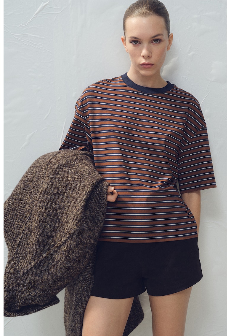 Tricou relaxed fit cu dungi - Alb/Maro deschis/Bleumarin