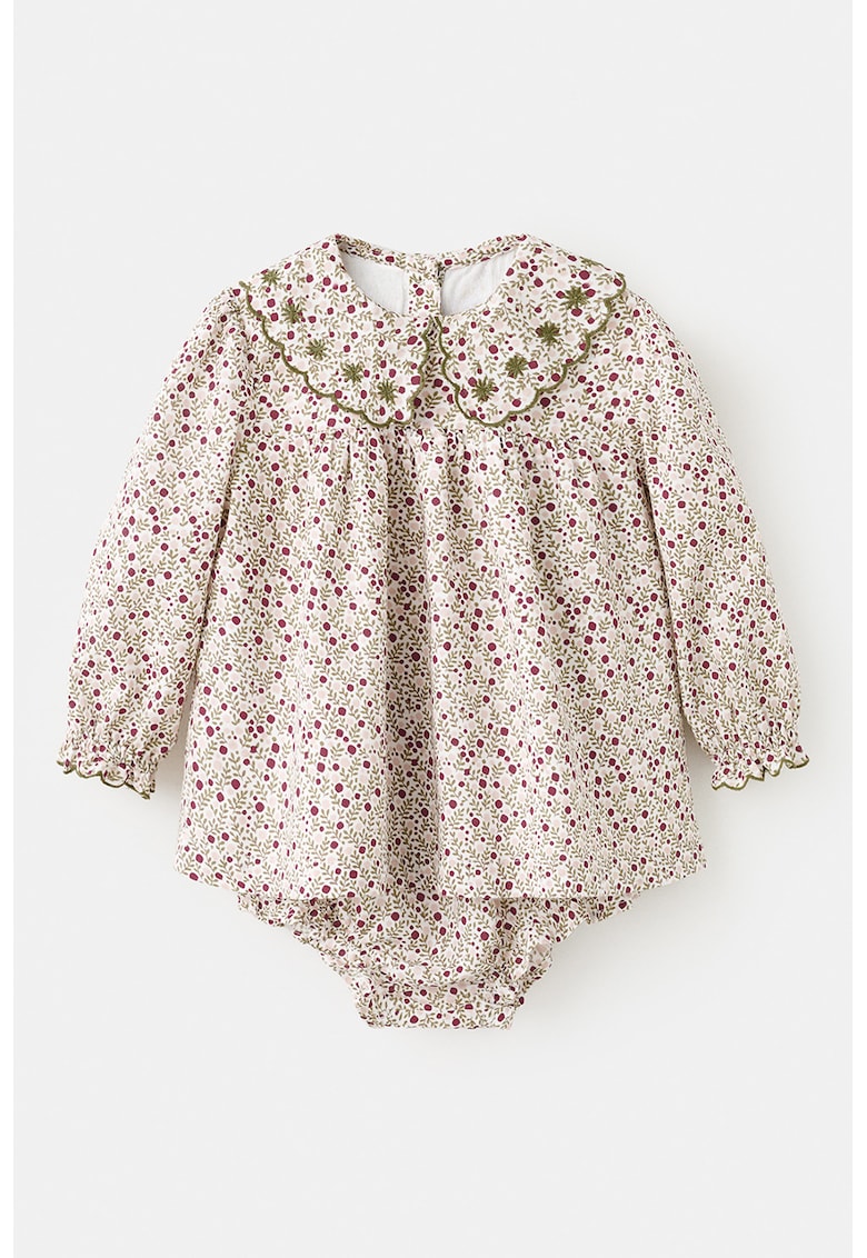 Rochie de bumbac cu design floral - Piersica/Violet tyrian/Verde sparanghel