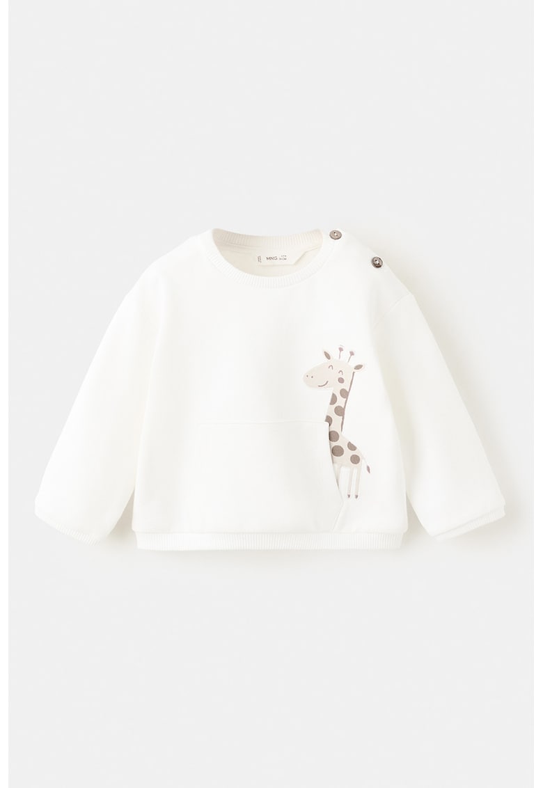 Bluza de trening de bumbac cu imprimeu si buzunar kangaroo - Alb fildes/Maro pal