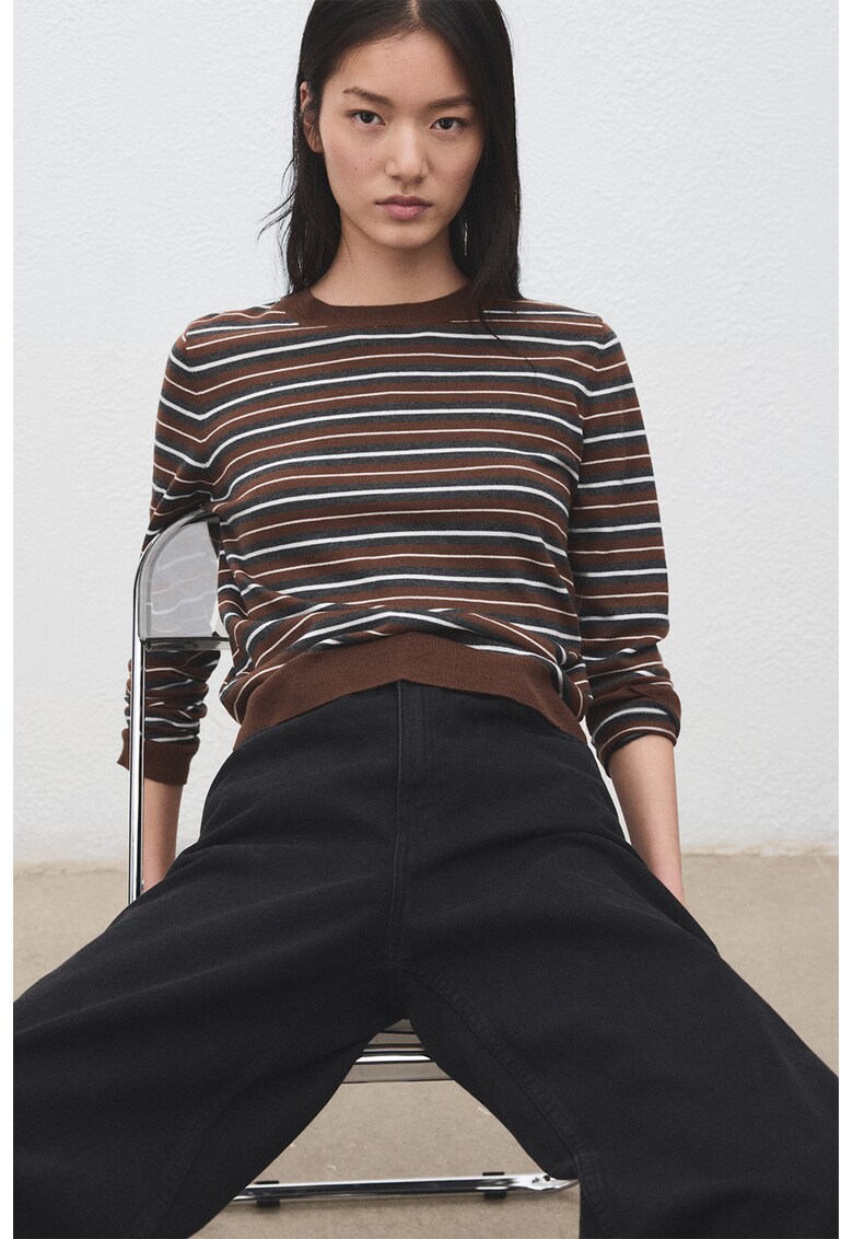 Pulover in dungi tricotat fin - Alb/Maro/Gri