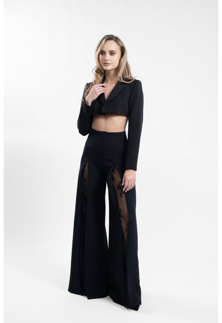 Pantaloni evazați cu inserții din dantelă Chantilly - Negru