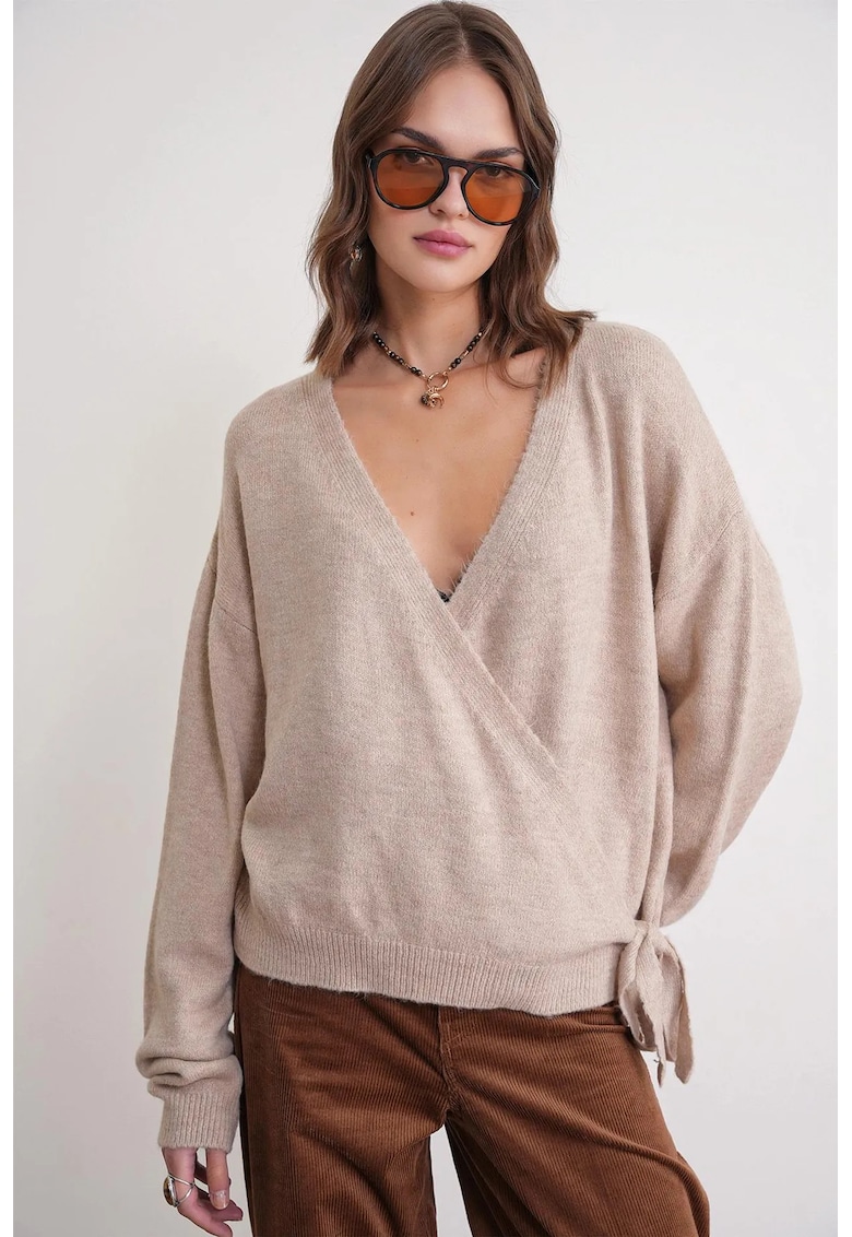 Mixray Cardigan - decolteu in V - legatura in fata - bej natural - tricot - One Size