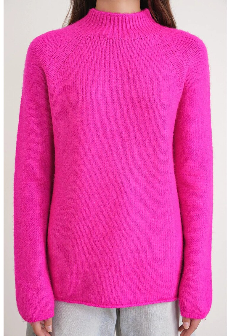 Pulover dama - cu guler semi-rulat - tricot - roz neon - One Size