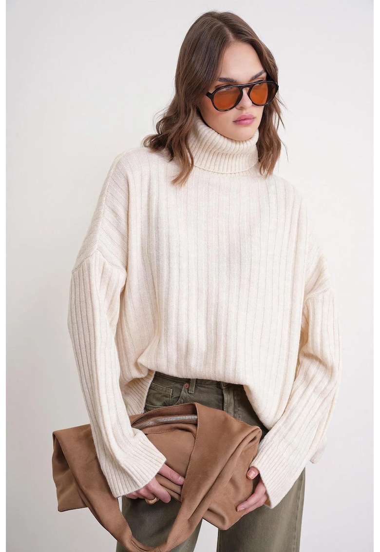 Pulover dama - oversize - guler inalt - alb - tricot - One Size