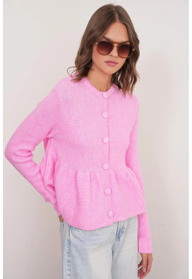 Cardigan tricotat - Frilly - guler rotund - roz pudrat - One Size