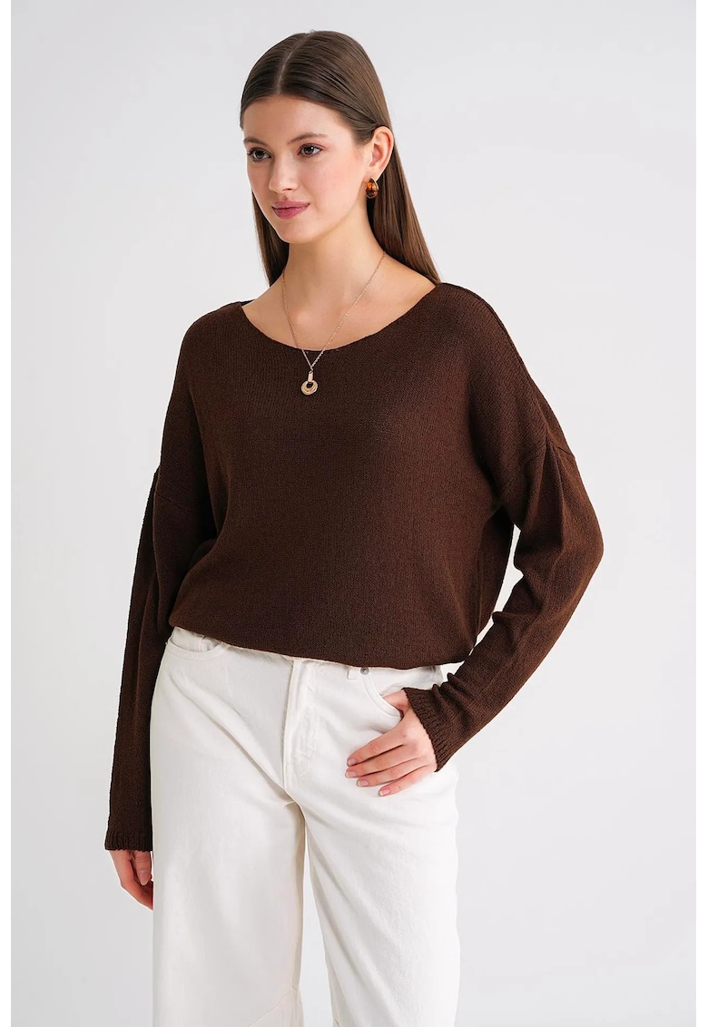 Pulover tricotat - supradimensionat - umeri cazuti - maro cafea - One Size