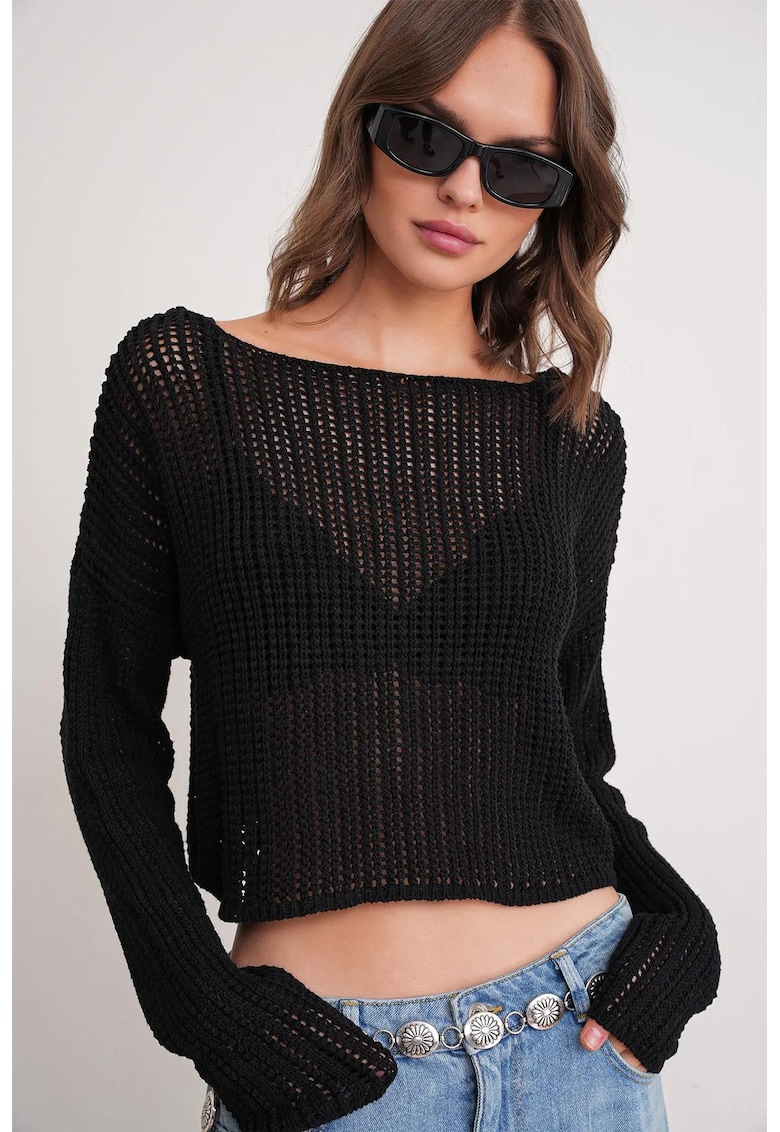 Pulover dama - top tricotat decupat - guler larg - negru - tricot - One Size
