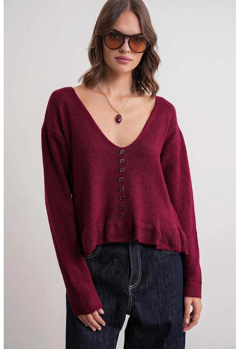 Pulover dama - Tricot - Visiniu - Decolteu in V - One Size