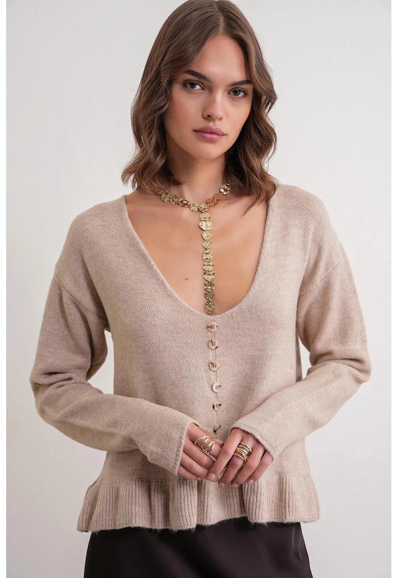 Pulover dama - tricotat - decolteu in V - detalii nasturi - bej natural - One Size
