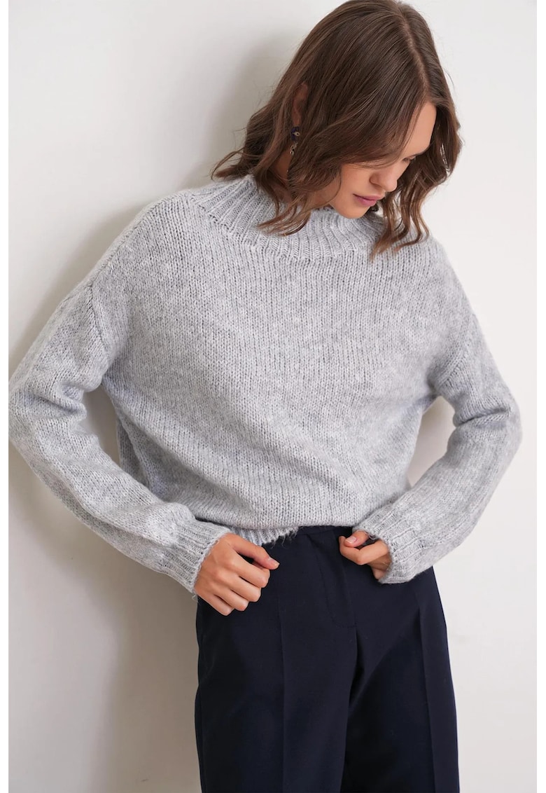 Pulover dama - tricotat gros - guler rotund - gri - One Size