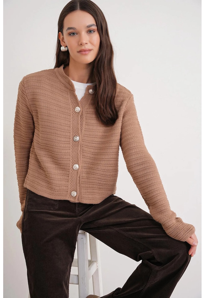 Cardigan scurt tricotat - nervuri - inchidere cu nasturi - tan - One Size