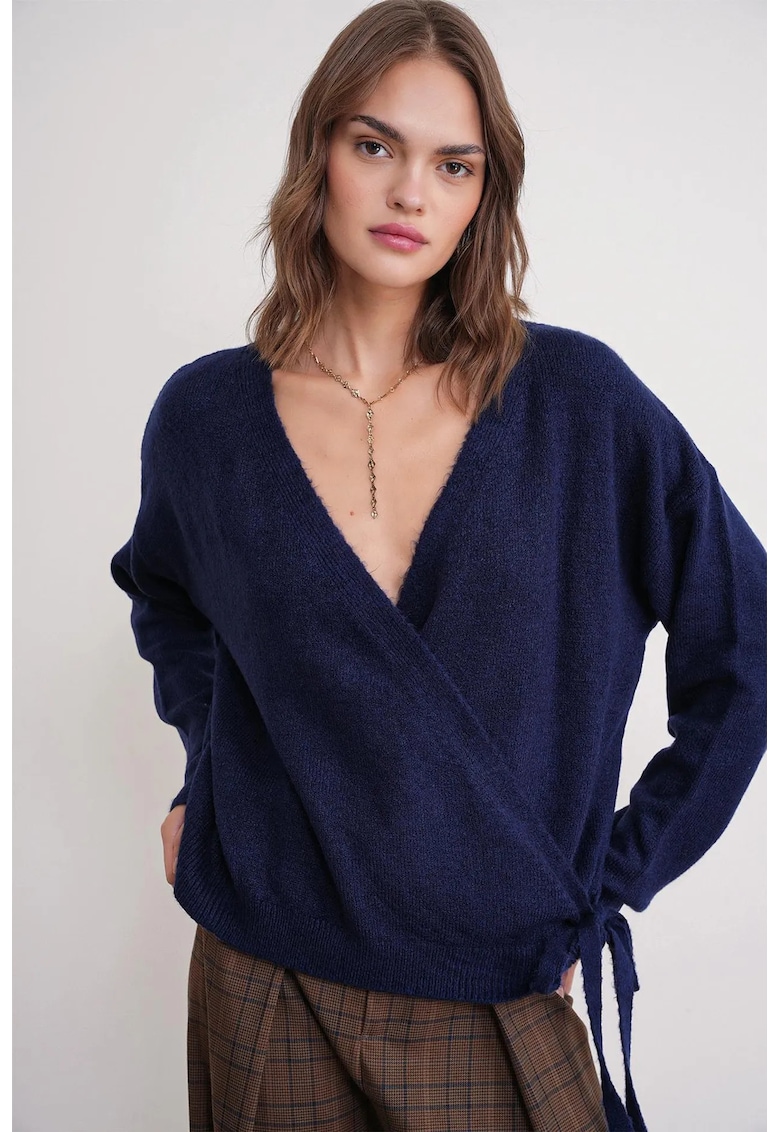 Pulover dama - cardigan cu decolteu in V - striat - albastru marin - tricot - One Size