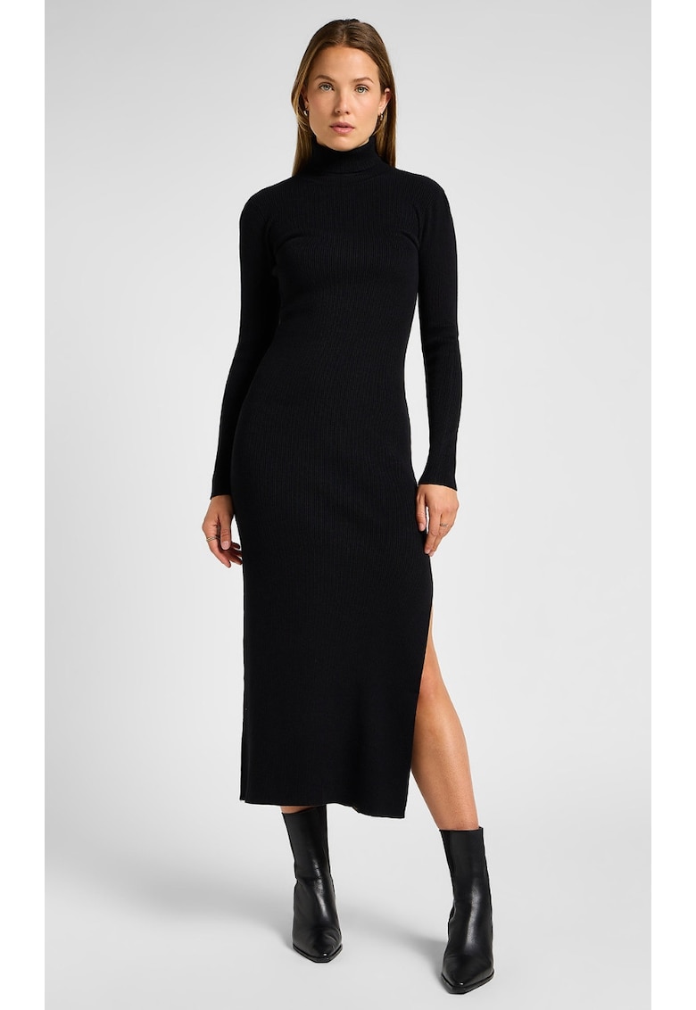Rochie mulata - cu guler inalt si slit - neagra - bumbac -