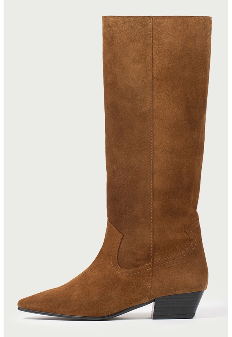 Cizme lungi din piele intoarsa cu toc cuban - Caramel