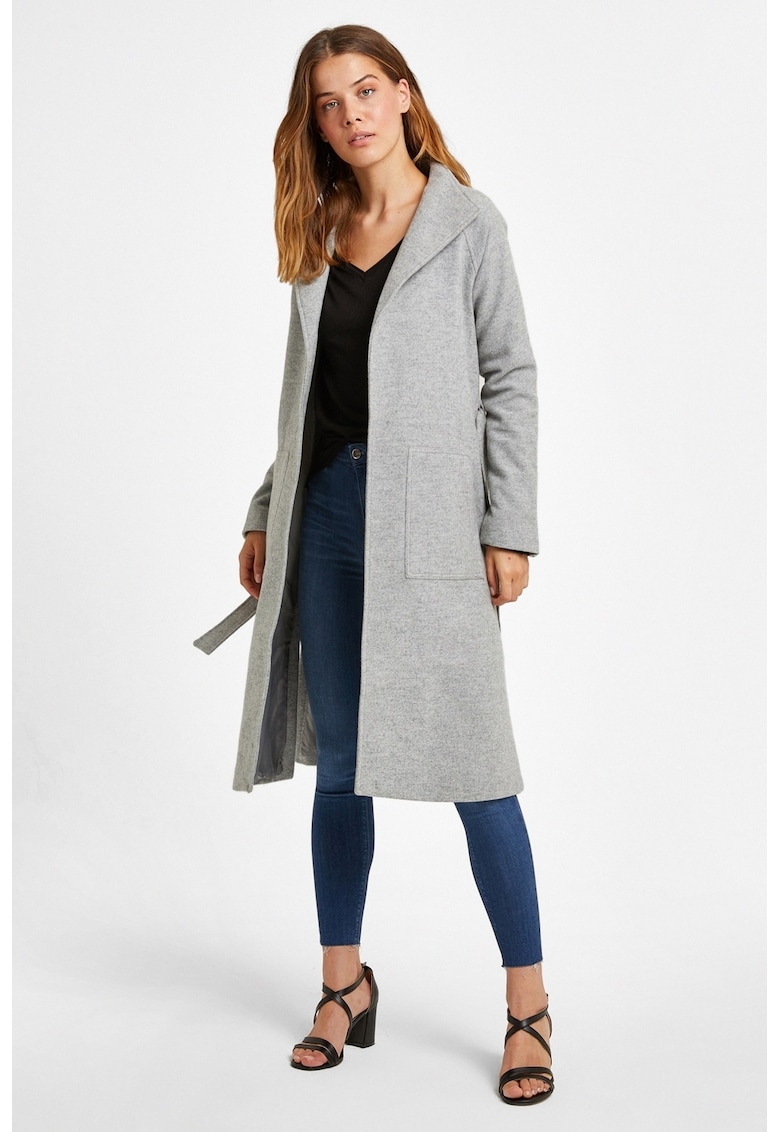 Palton din amestec de lana cu slituri laterale si cordon in talie