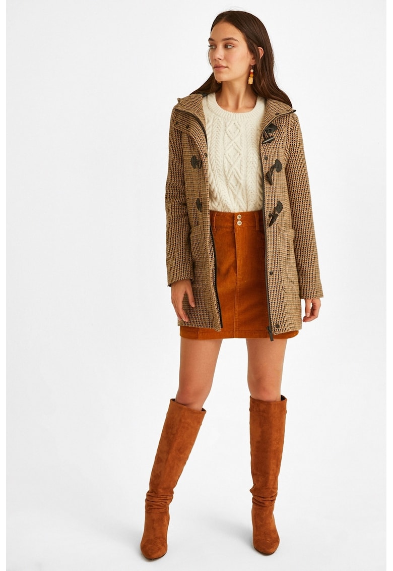 Palton din amestec de lana cu model in carouri si gluga