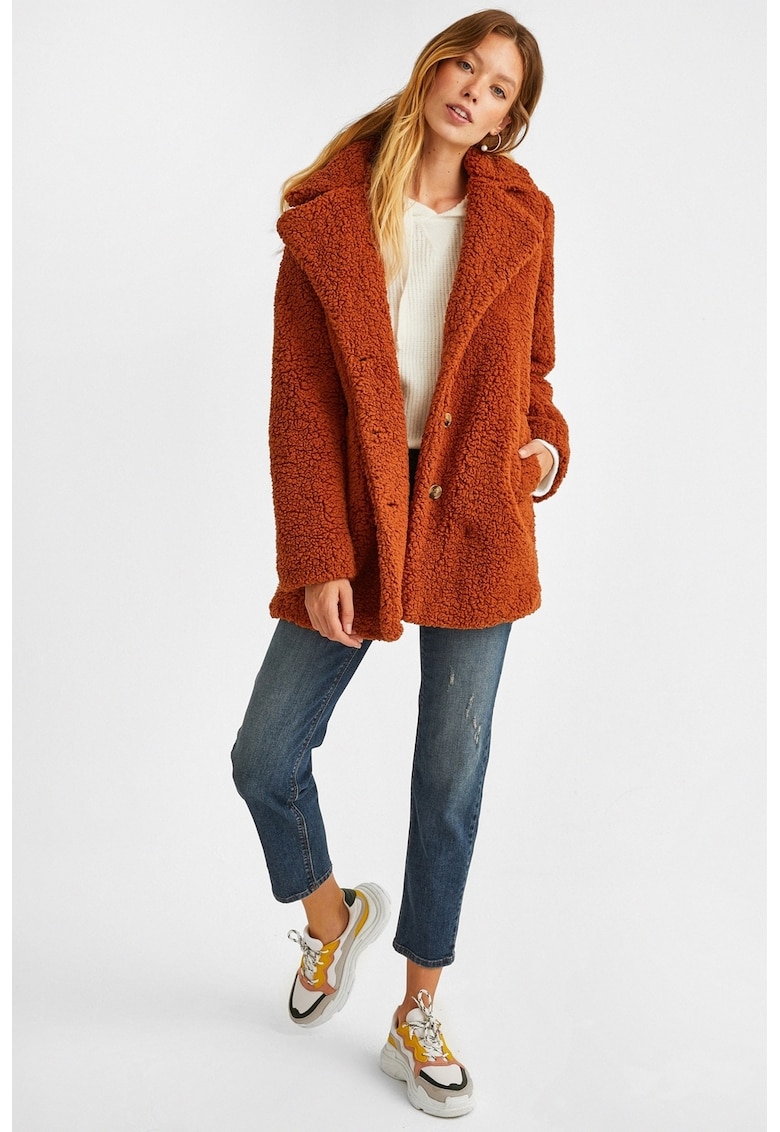 Palton scurt din material teddy - Portocaliu stins