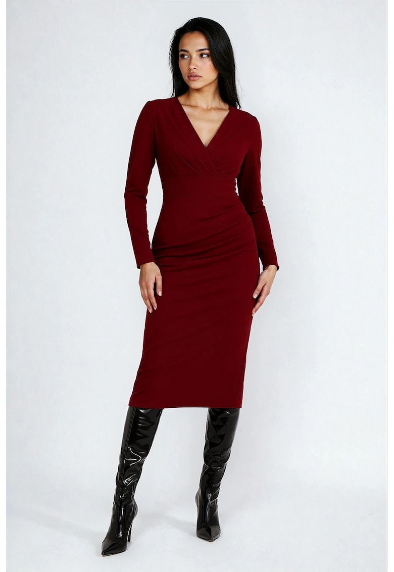 Rochie midi cu decolteu in V - Visiniu