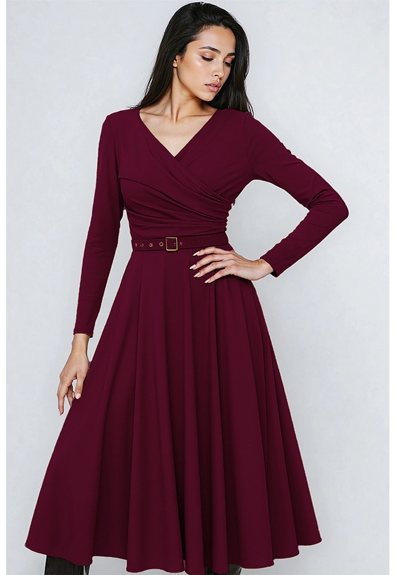 Rochie midi din amestec de lyocell cu croiala evazata si curea in talie