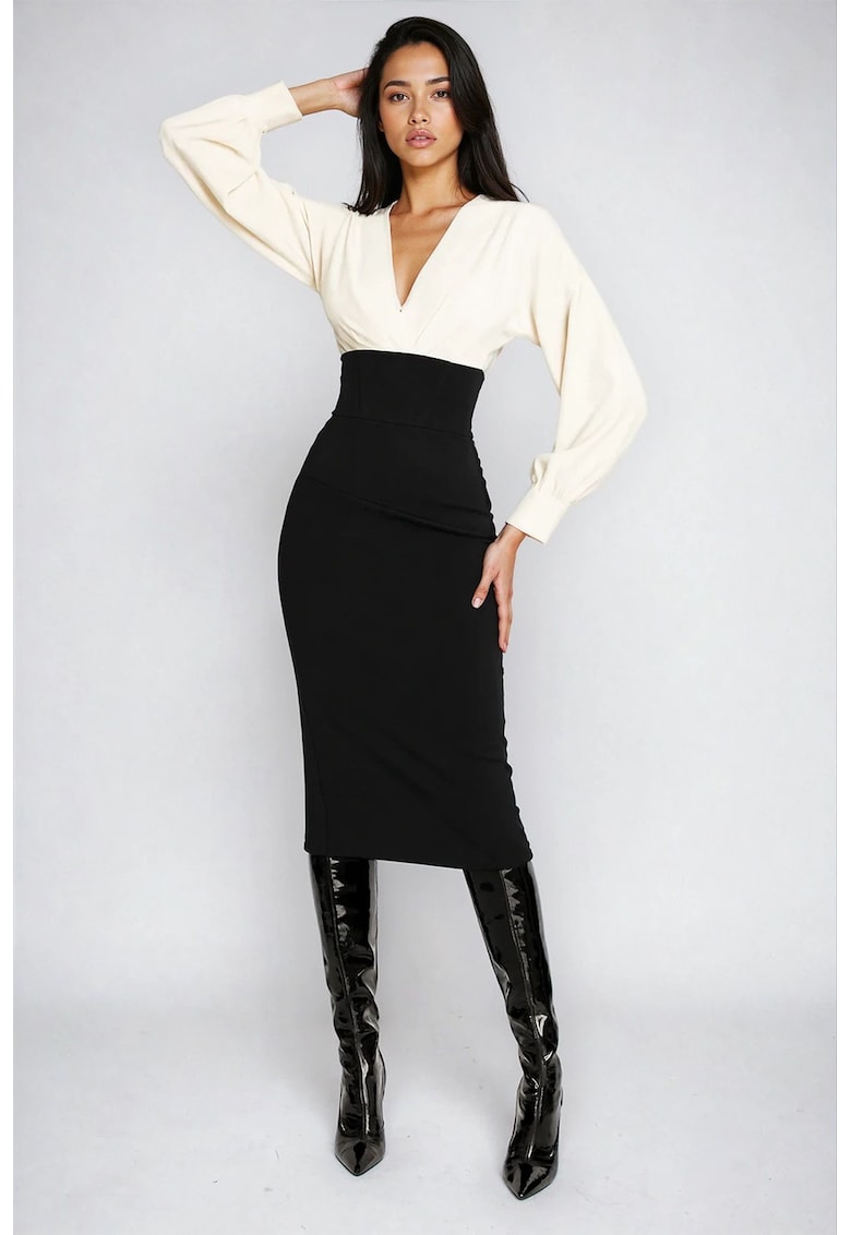 Rochie midi cu decolteu in V - Alb fildes/Negru