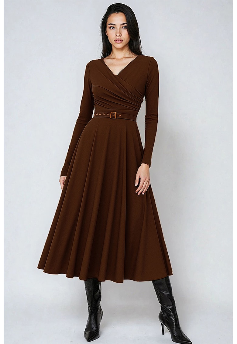 Rochie midi din amestec de lyocell cu croiala evazata si curea in talie