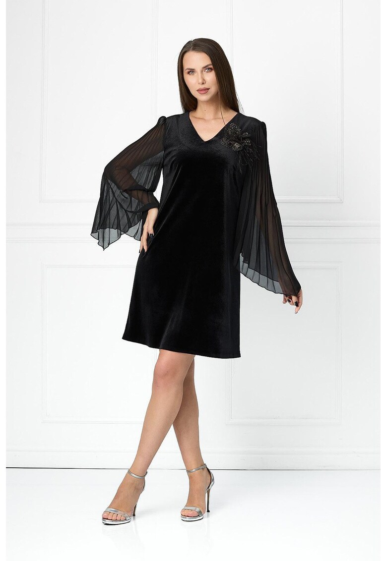 Rochie scurta de catifea cu maneci plisate Aspasia - Negru
