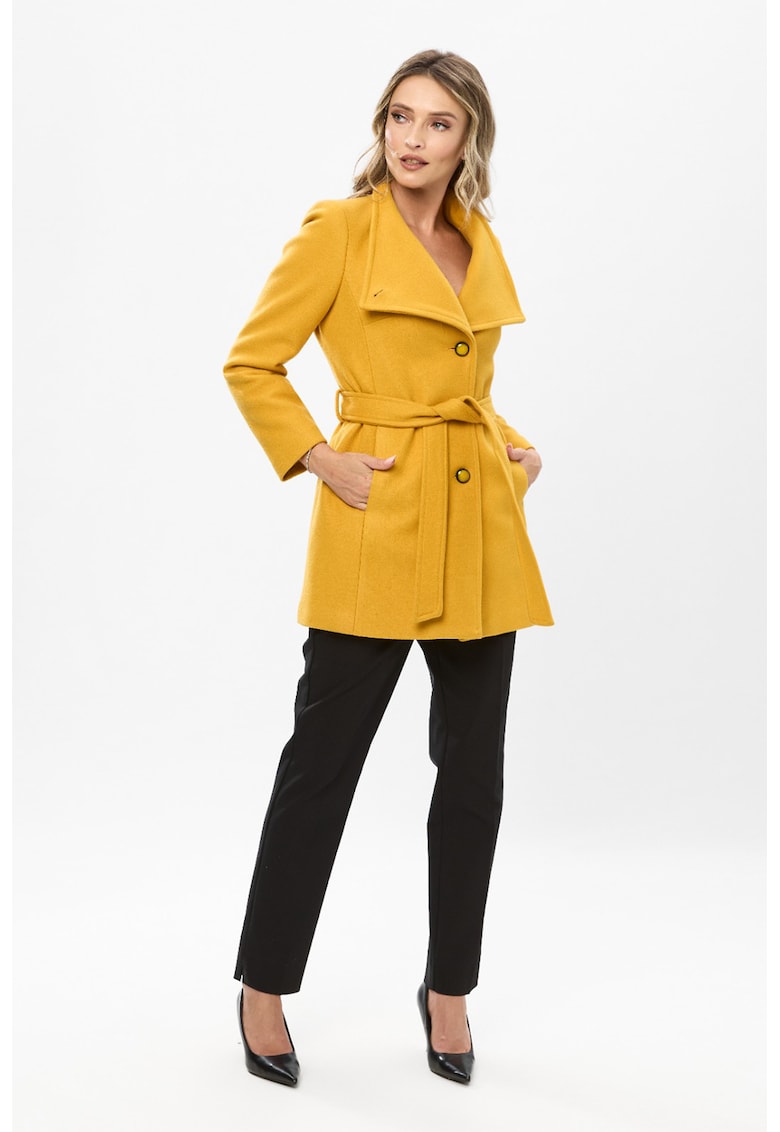 Palton scurt din amestec de lana cu inchidere cu cordon - Galben