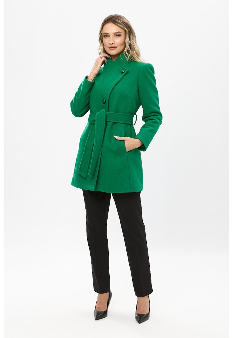 Palton scurt din amestec de lana cu inchidere cu cordon - Verde