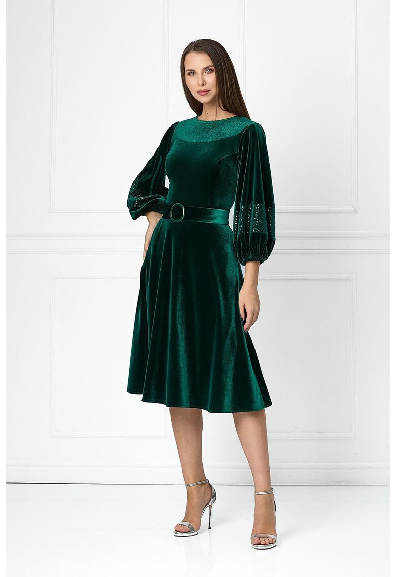 Rochie midi cu aspect de catifea si insertii stralucitoare Feodora - Verde inchis