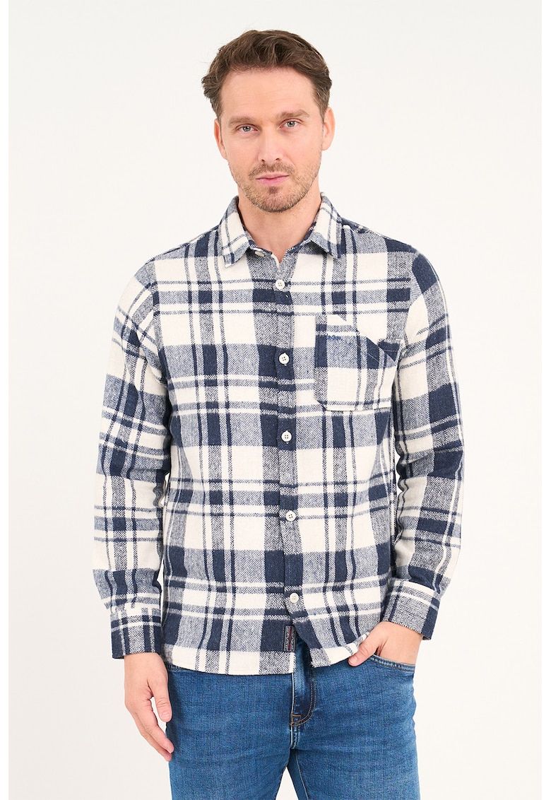 Camasa in carouri cu maneci lungi - Alb murdar/Bleumarin