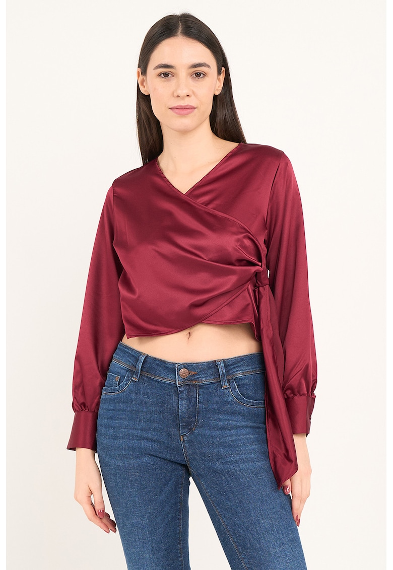Bluza crop din satin cu decolteu drapat - Rosu inchis
