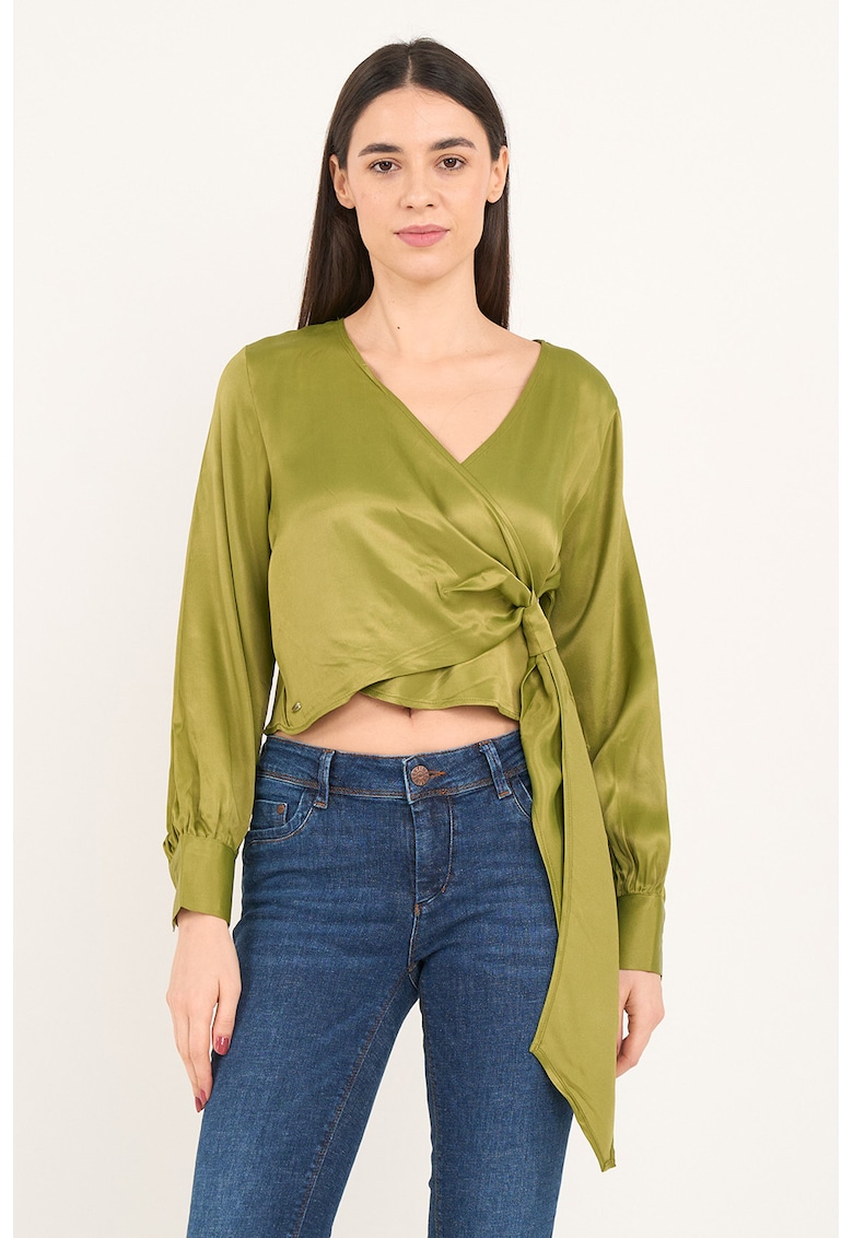 Bluza crop din satin cu decolteu drapat - Verde masliniu