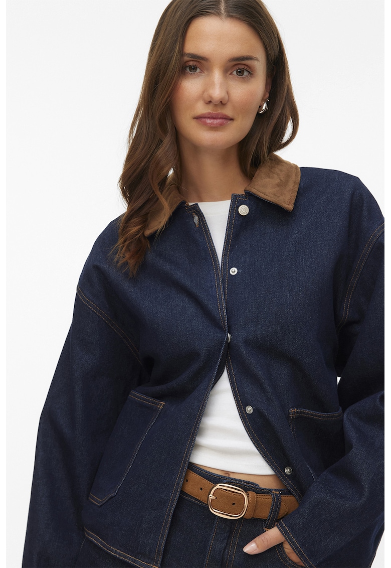 Jacheta lejera din denim cu maneci cazute - Bleumarin