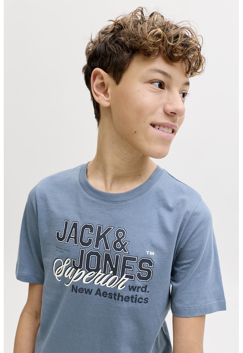 Tricou din bumbac organic cu imprimeu logo - Albastru prafuit