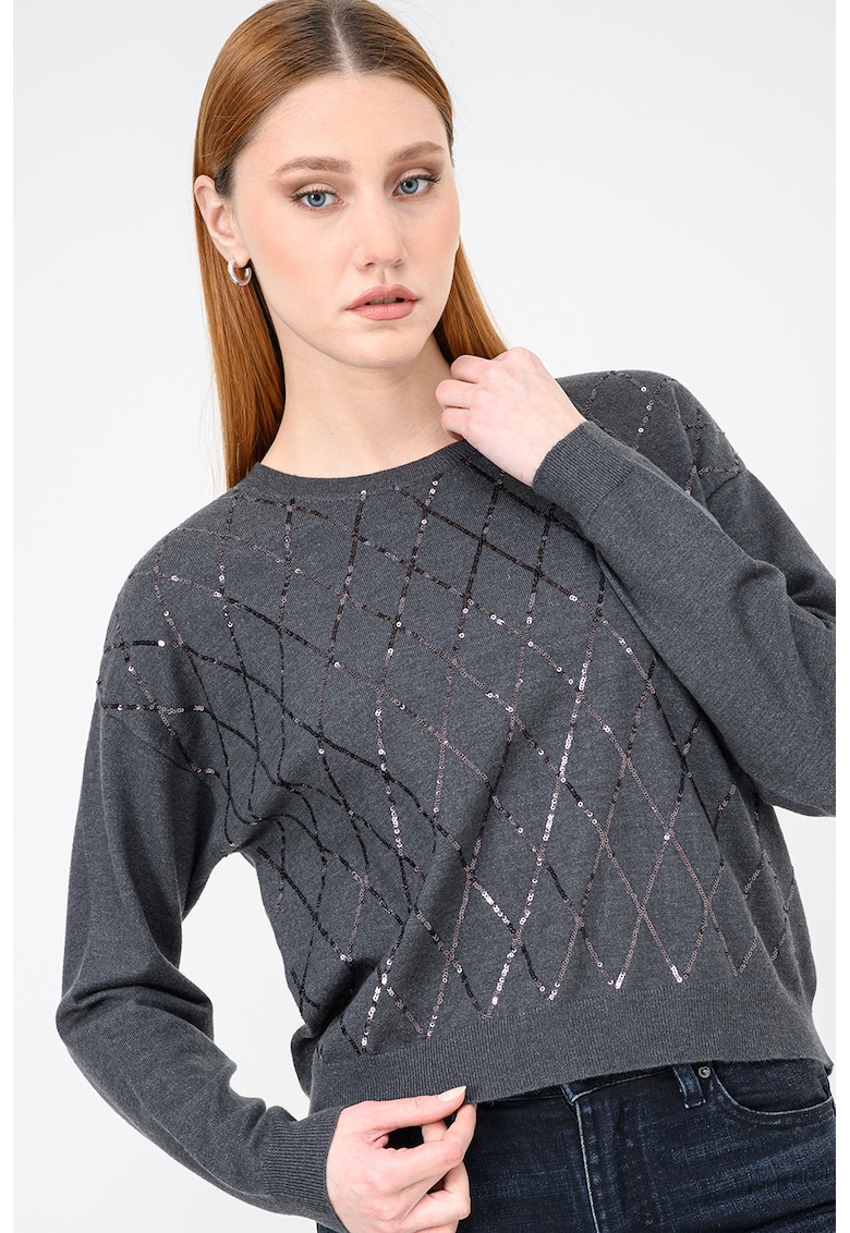Pulover cu model cu paiete - Gri inchis melange