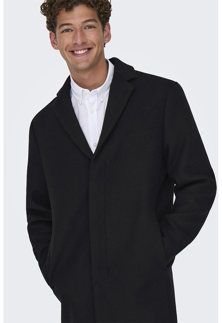 Palton din amestec de lana cu revere decupate - Negru