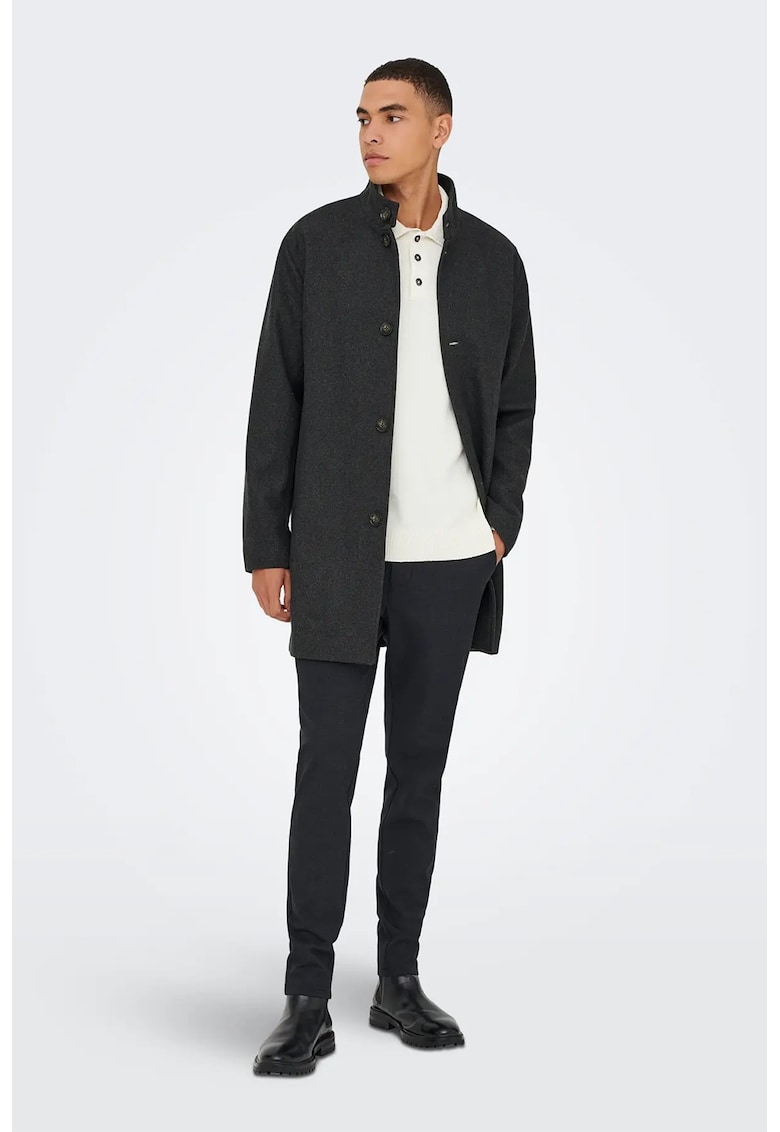 Palton din amestec de lana cu guler mediu - Negru melange -