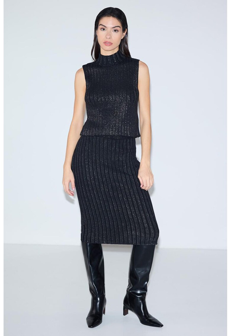 Fusta midi cambrata cu design stralucitor - Negru