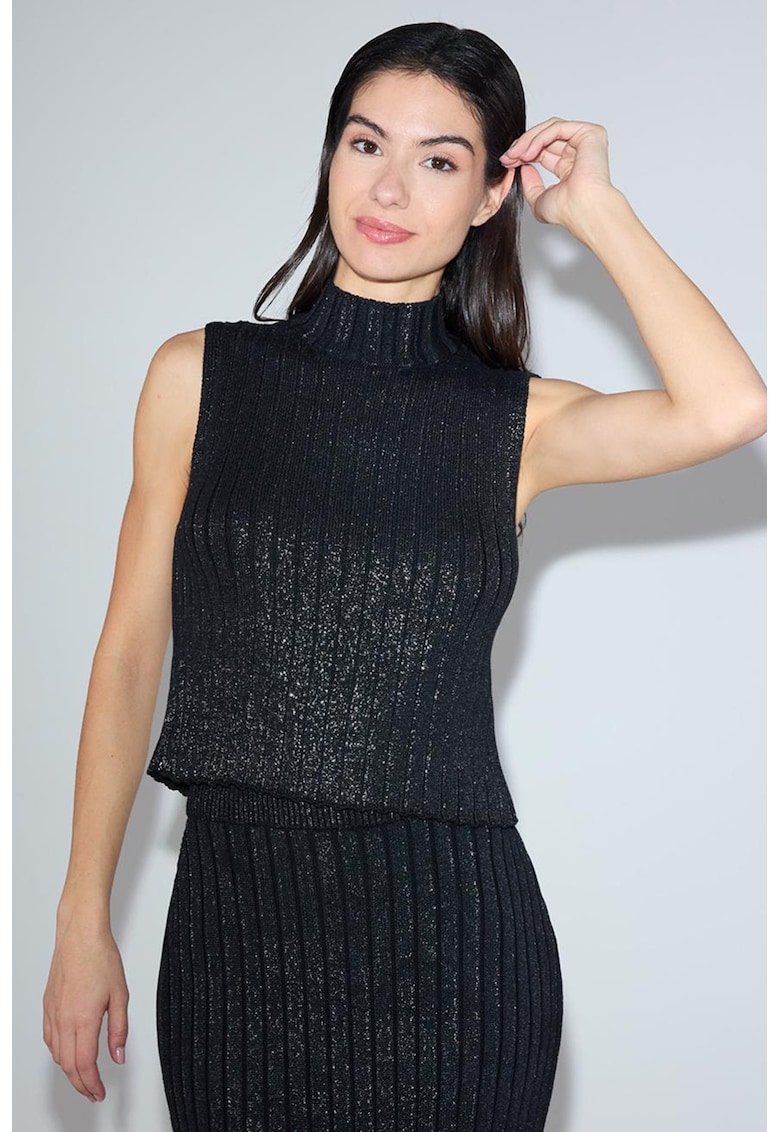 Pulover de bumbac tricotat cu guler rigid - fara maneci - Negru