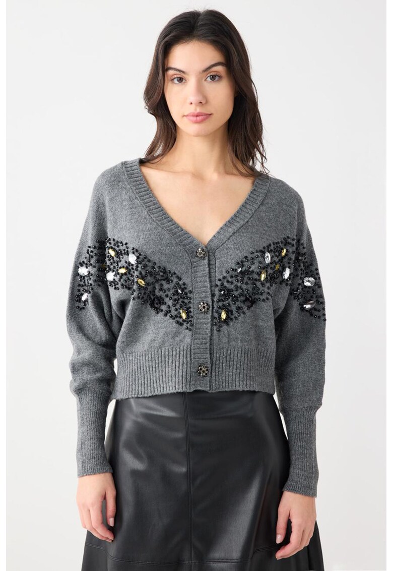 Cardigan cu margele si strasuri - Negru/Gri melange