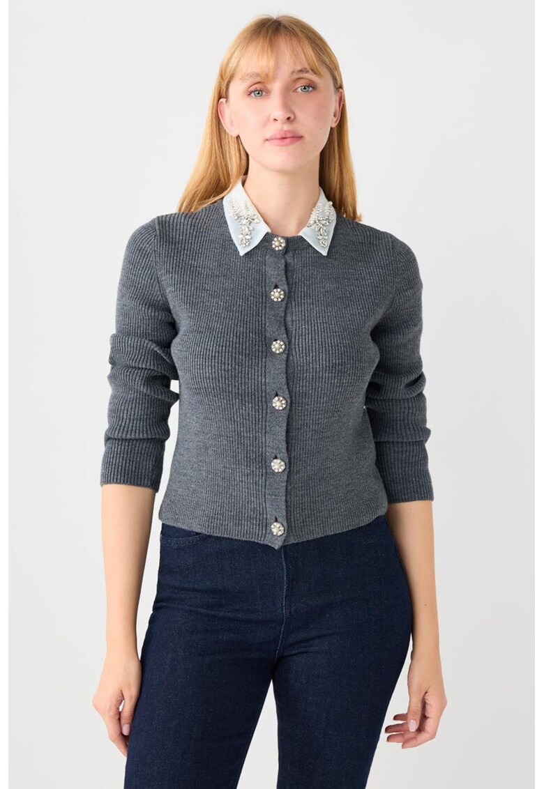 Cardigan striat cu guler cu strasuri - Gri carbune