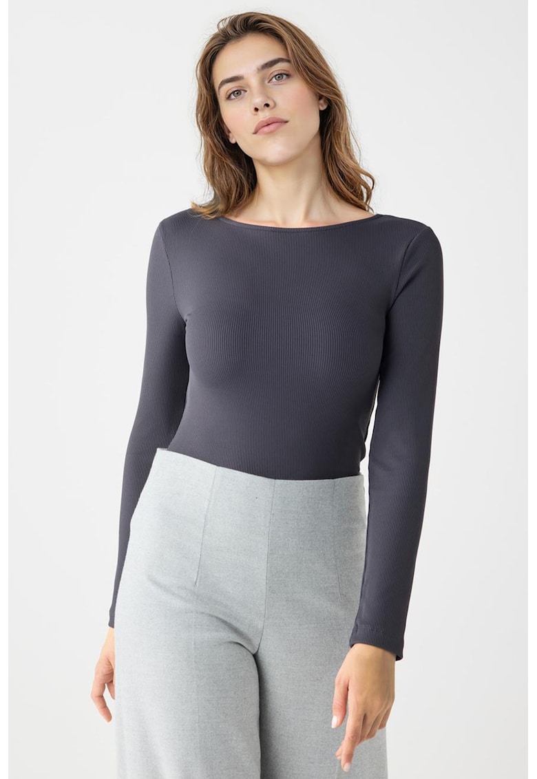 Bluza slim-fit cu decolteu rotund - Gri inchis