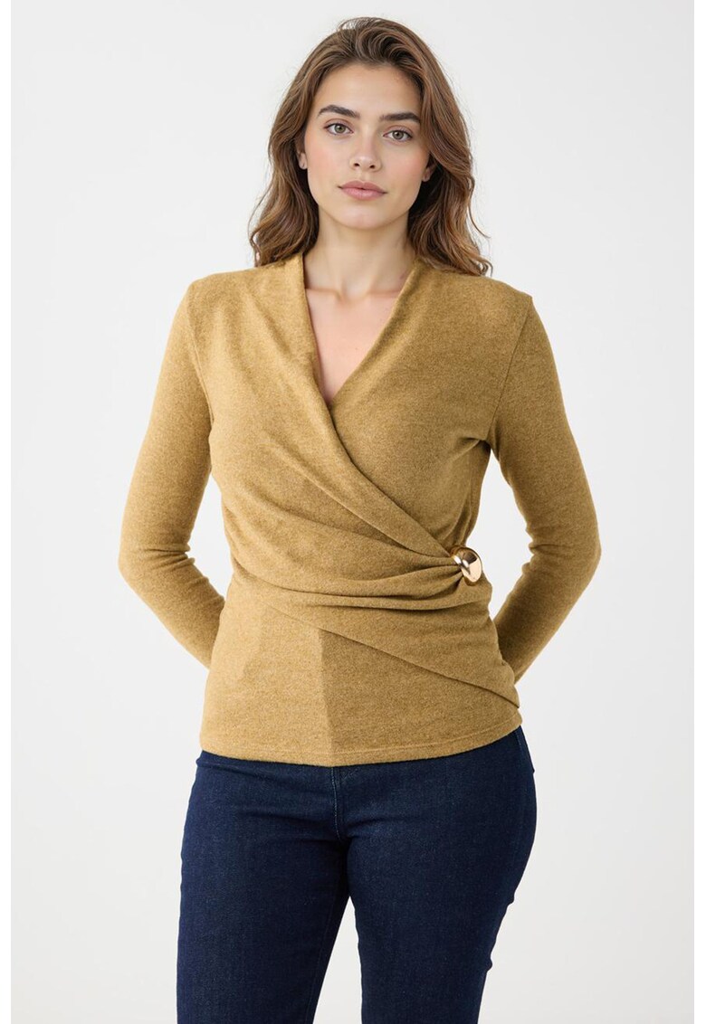 Bluza slim fit cu decolteu in V - Galben mustar