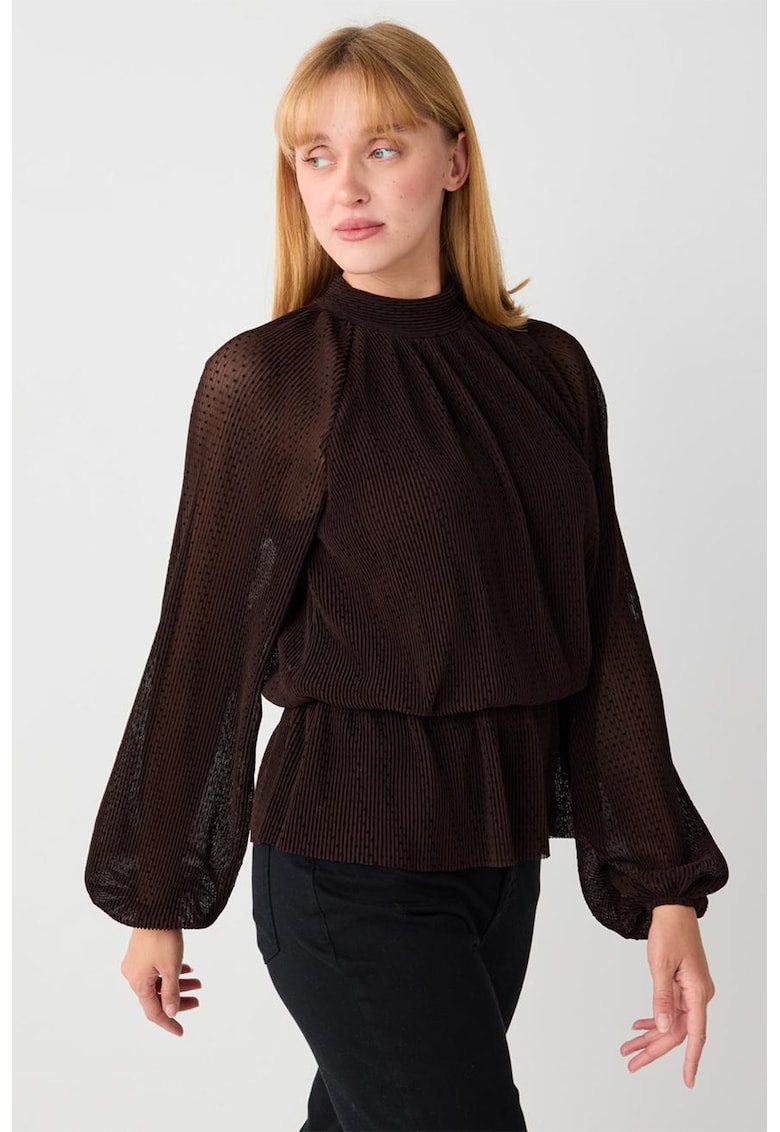 Bluza cu pliuri si maneci bufante - Maro inchis